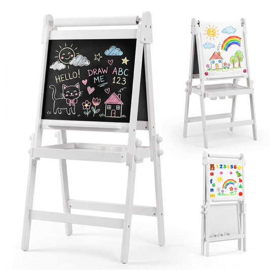 LINLUX 3 in 1 Kids Art Easel, Foldable Standing Easel with Double Sided Drawing Board and Height Adjustable, White