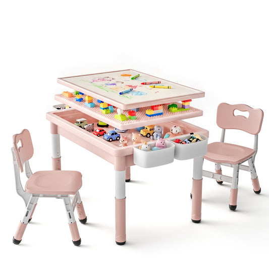 LINLUX Kids Table and Chair Set, 3 in 1 Activity Table for Children w/ Removable Tabletop, Pink