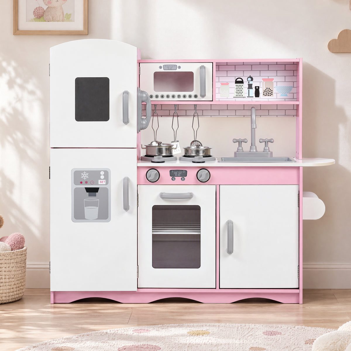 LINLUX Wooden Kids Play Kitchen Set,Pretend Kitchen with Sound & Light Cooktop,Sink & Accessories,Pink