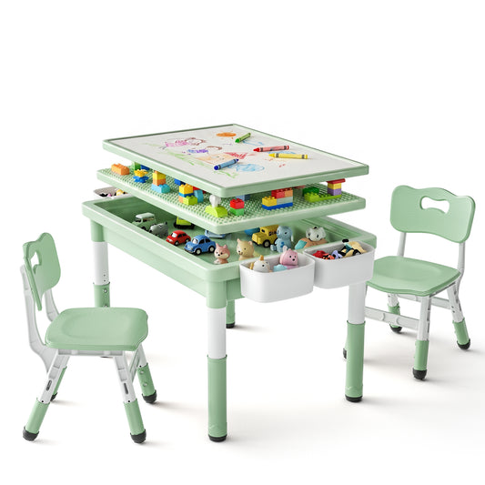 LINLUX Kids Table and Chair Set, 3 in 1 Activity Table for Children w/ Removable Tabletop, Green