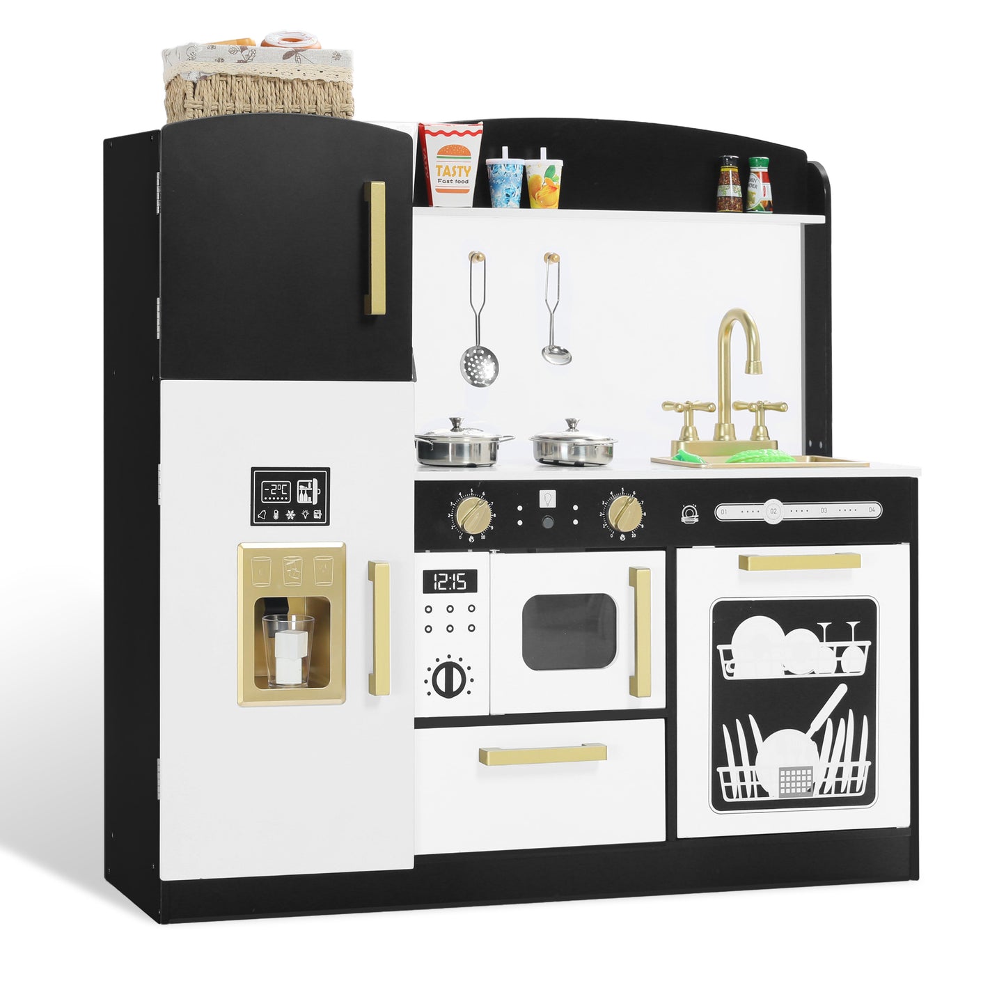 AILEEKISS Wood Kids Play Kitchen, Pretend Kitchen Playset for Children Age 3 Years up, Black