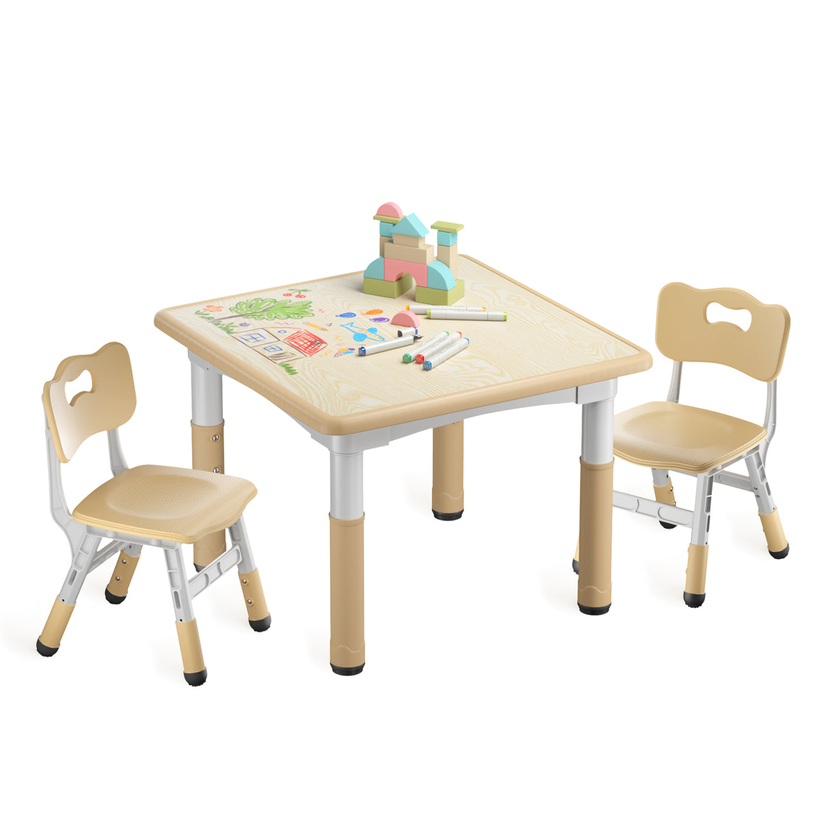 AILEEKISS Kids Table and 2 Chair Set, Height Adjustable Kids Art Table Play Desk for Toddler, Khaki