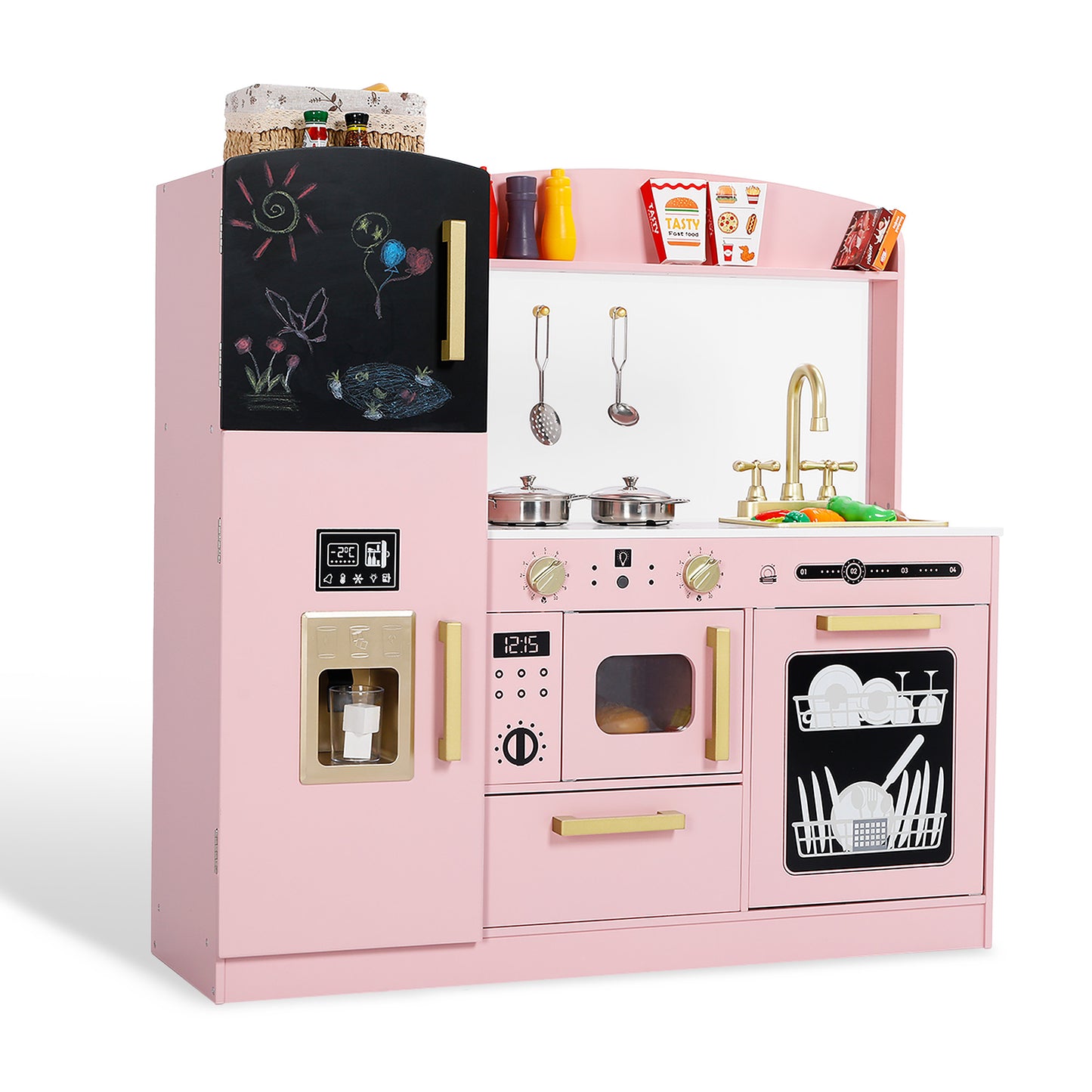 AILEEKISS Wood Kids Play Kitchen, Pretend Kitchen Playset for Children Age 3 Years up, Pink