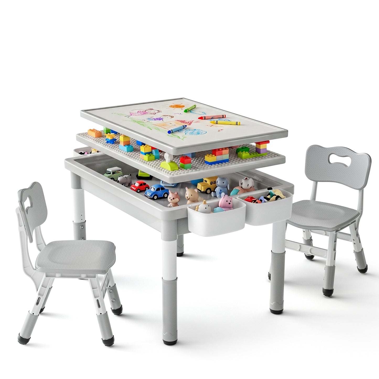 LINLUX Kids Table and Chair Set, 3 in 1 Activity Table for Children w/ Removable Tabletop, Gray