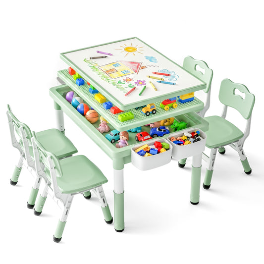 LINLUX Kids Table and 4 Chairs Set, 3 in 1 Activity Table for Children with Removable Tabletop, Green
