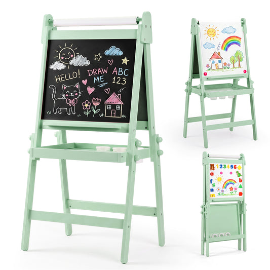 LINLUX 3 in 1 Kids Art Easel, Foldable Standing Easel with Double Sided Drawing Board and Height Adjustable, Green