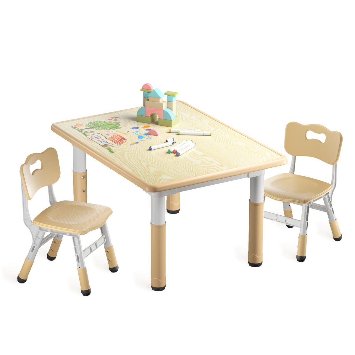 AILEEKISS Kids Table and 2 Chair Set, Height Adjustable Kids Art Table Play Desk for Toddler, Khaki
