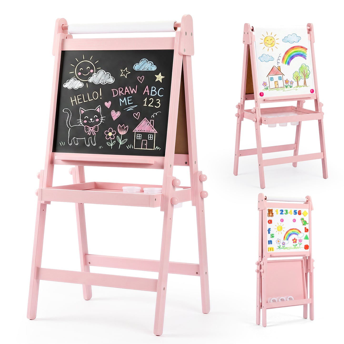 LINLUX 3 in 1 Kids Art Easel, Foldable Standing Easel with Double Sided Drawing Board and Height Adjustable, Pink