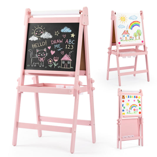 LINLUX 3 in 1 Kids Art Easel, Foldable Standing Easel with Double Sided Drawing Board and Height Adjustable, Pink