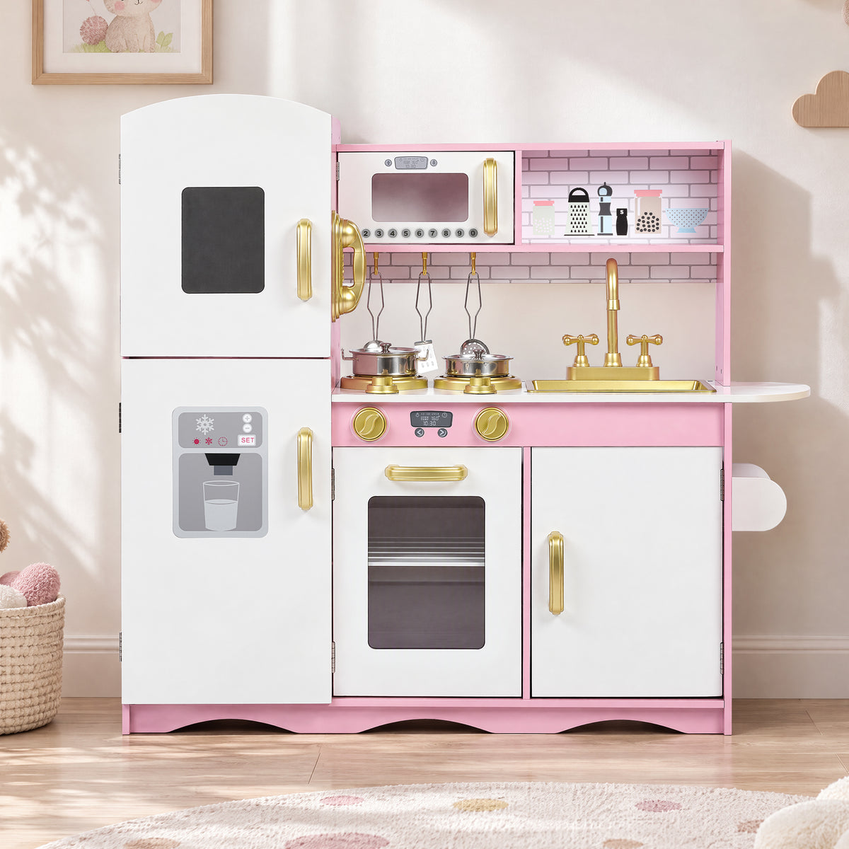 LINLUX Wooden Kids Play Kitchen Set,Pretend Kitchen with Sound & Light Cooktop,Sink & Accessories,Gold