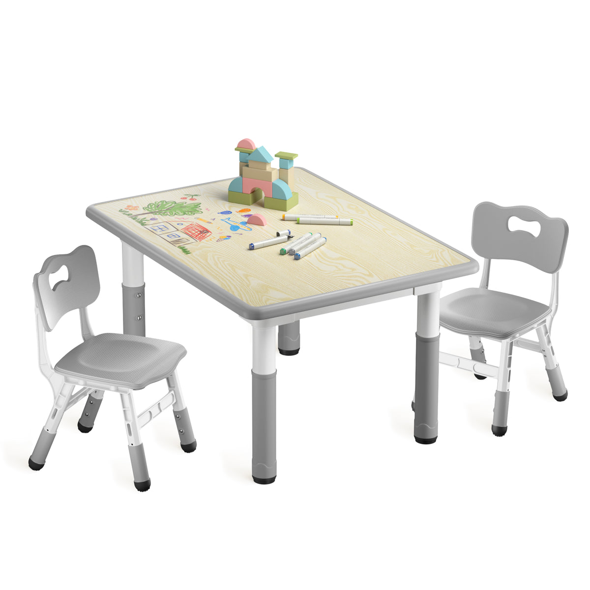 AILEEKISS Kids Table and 2 Chair Set, Height Adjustable Kids Art Table Play Desk for Toddler, Grey