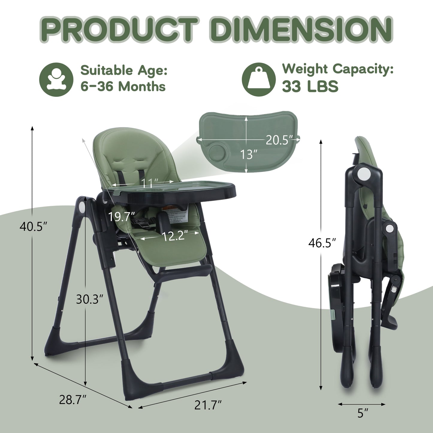 AILEEKISS Foldable High Chair for Baby, Toddler Eating Chair with Detachable Double Trays, Green