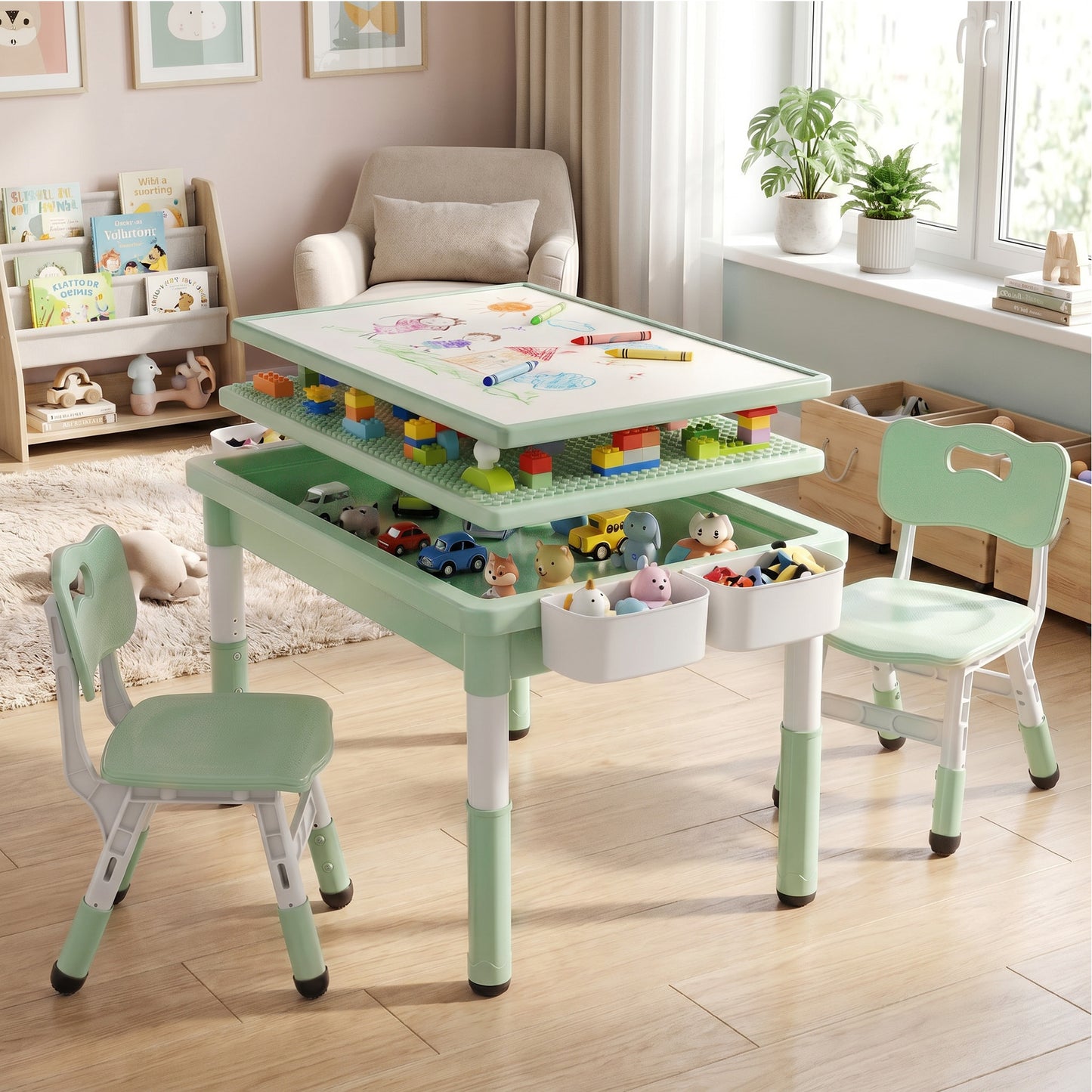 AILEEKISS Kids Table and Chair Set, Children Lego Table Play Activity Desk for Drawing, Green