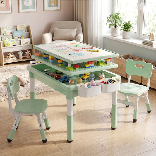 AILEEKISS Kids Table and Chair Set, Children Lego Table Play Activity Desk for Drawing, Green