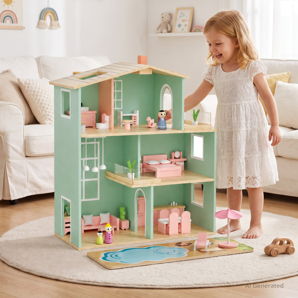 AILEEKISS Dollhouse for Kids with 35 Pieces Furniture Set, 3-Story Dream House with Puzzle Patio, Green