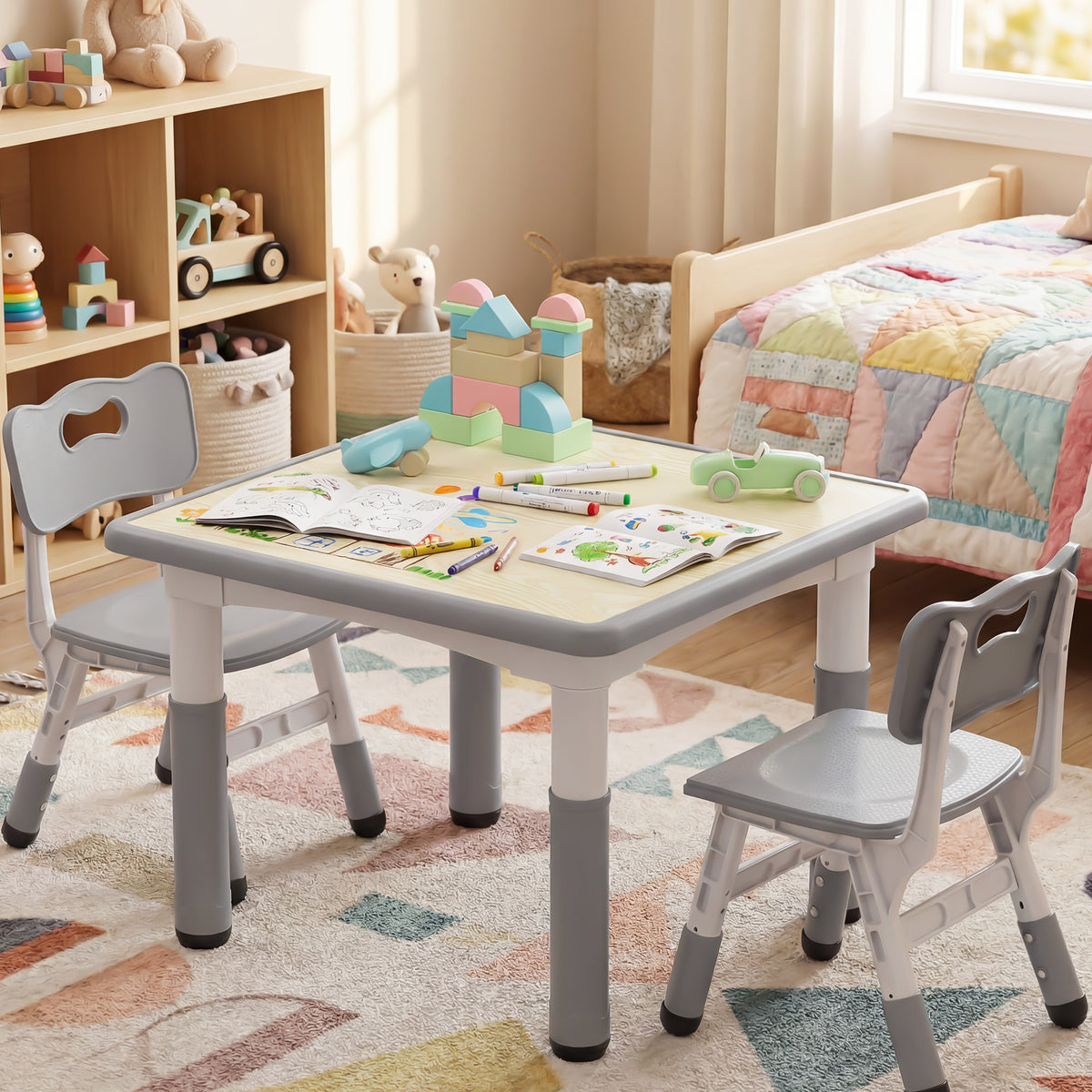 AILEEKISS Kids Table and 2 Chair Set, Height Adjustable Kids Art Table Play Desk for Toddler, Grey