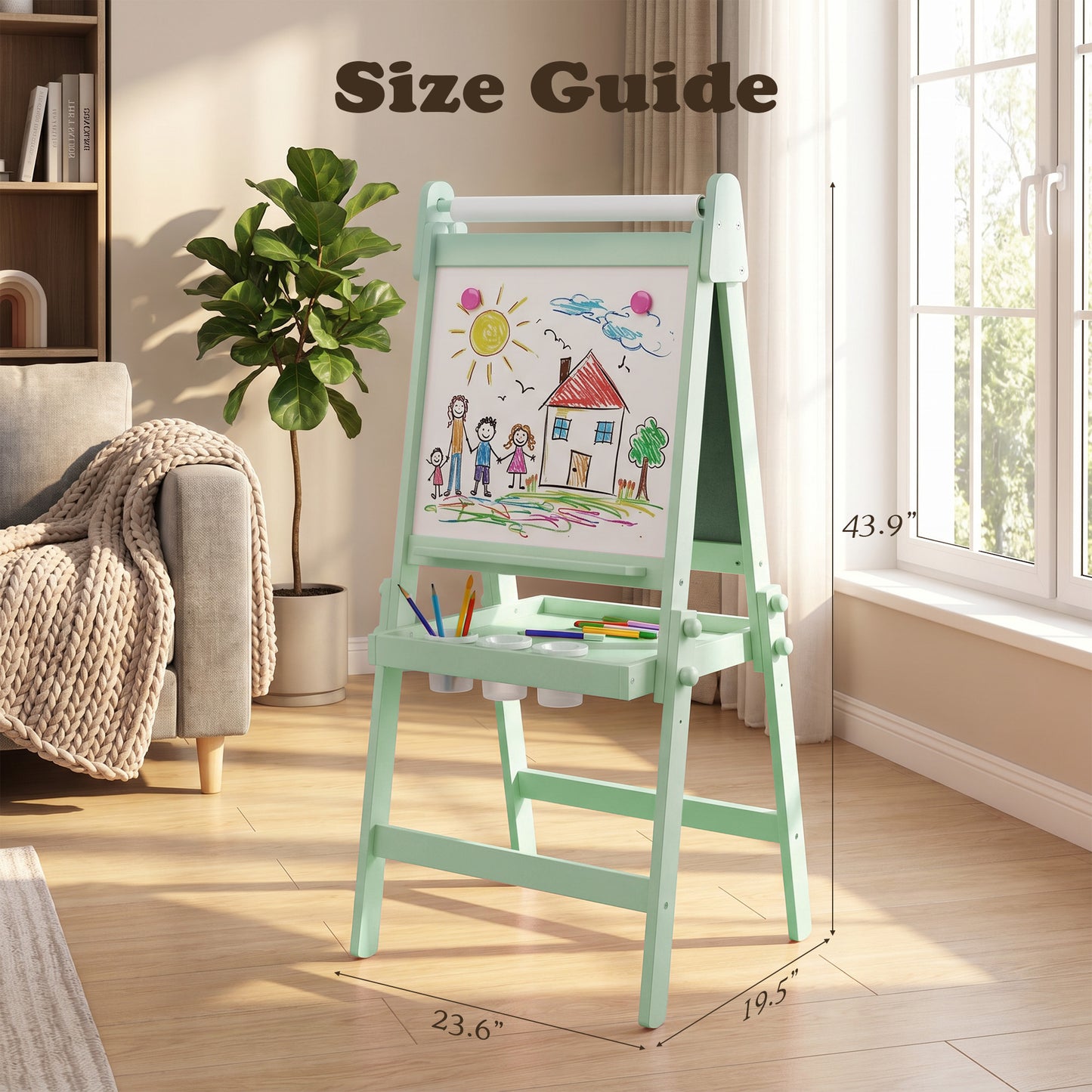 LINLUX 3 in 1 Kids Art Easel, Foldable Standing Easel with Double Sided Drawing Board and Height Adjustable, Green