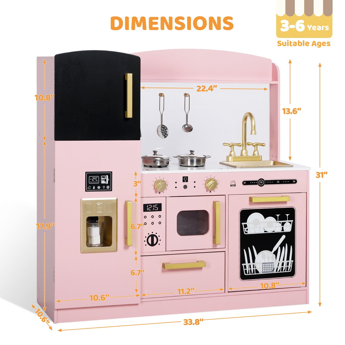 AILEEKISS Wood Kids Play Kitchen, Pretend Kitchen Playset for Children Age 3 Years up, Pink
