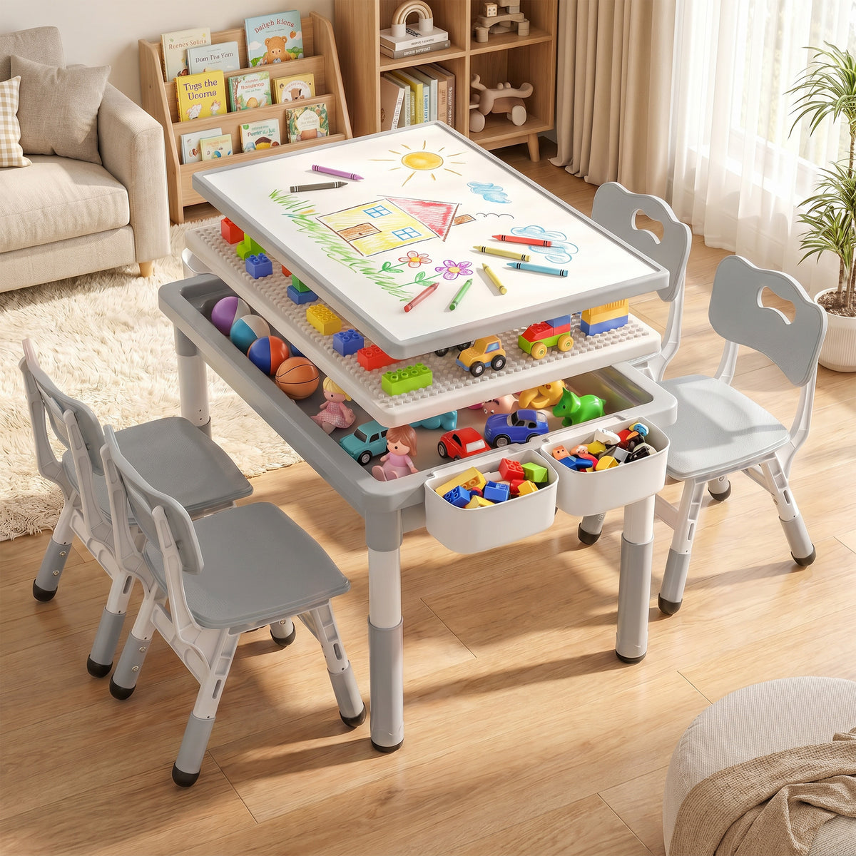 AILEEKISS Kids Table and 4 Chair Set, Children Lego Table Play Activity Desk for Drawing, Grey
