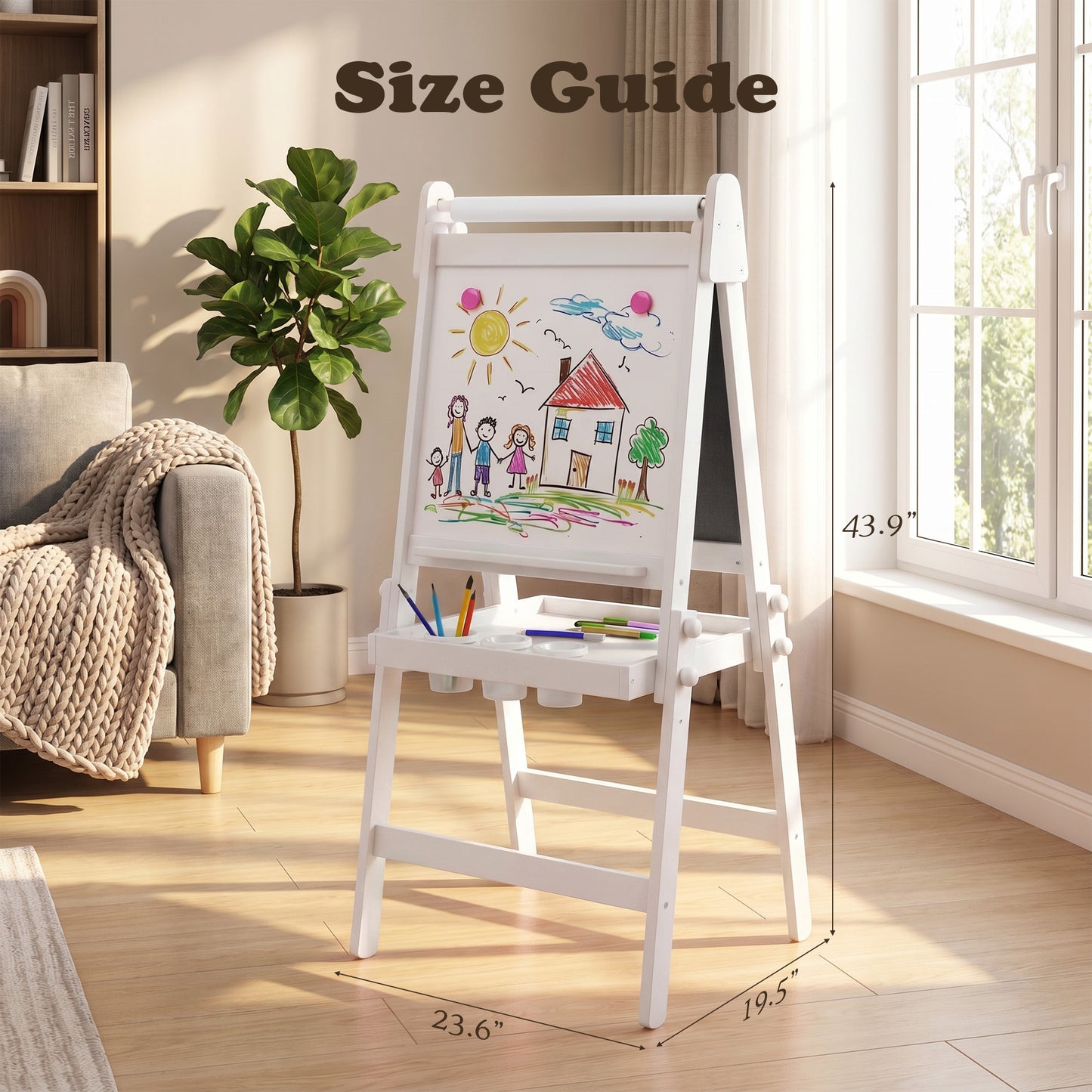 LINLUX 3 in 1 Kids Art Easel, Foldable Standing Easel with Double Sided Drawing Board and Height Adjustable, White