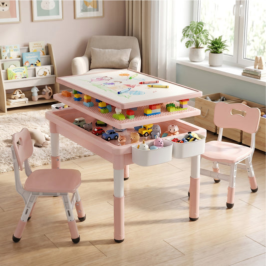 AILEEKISS Kids Table and Chair Set, Children Lego Table Play Activity Desk for Drawing, Pink