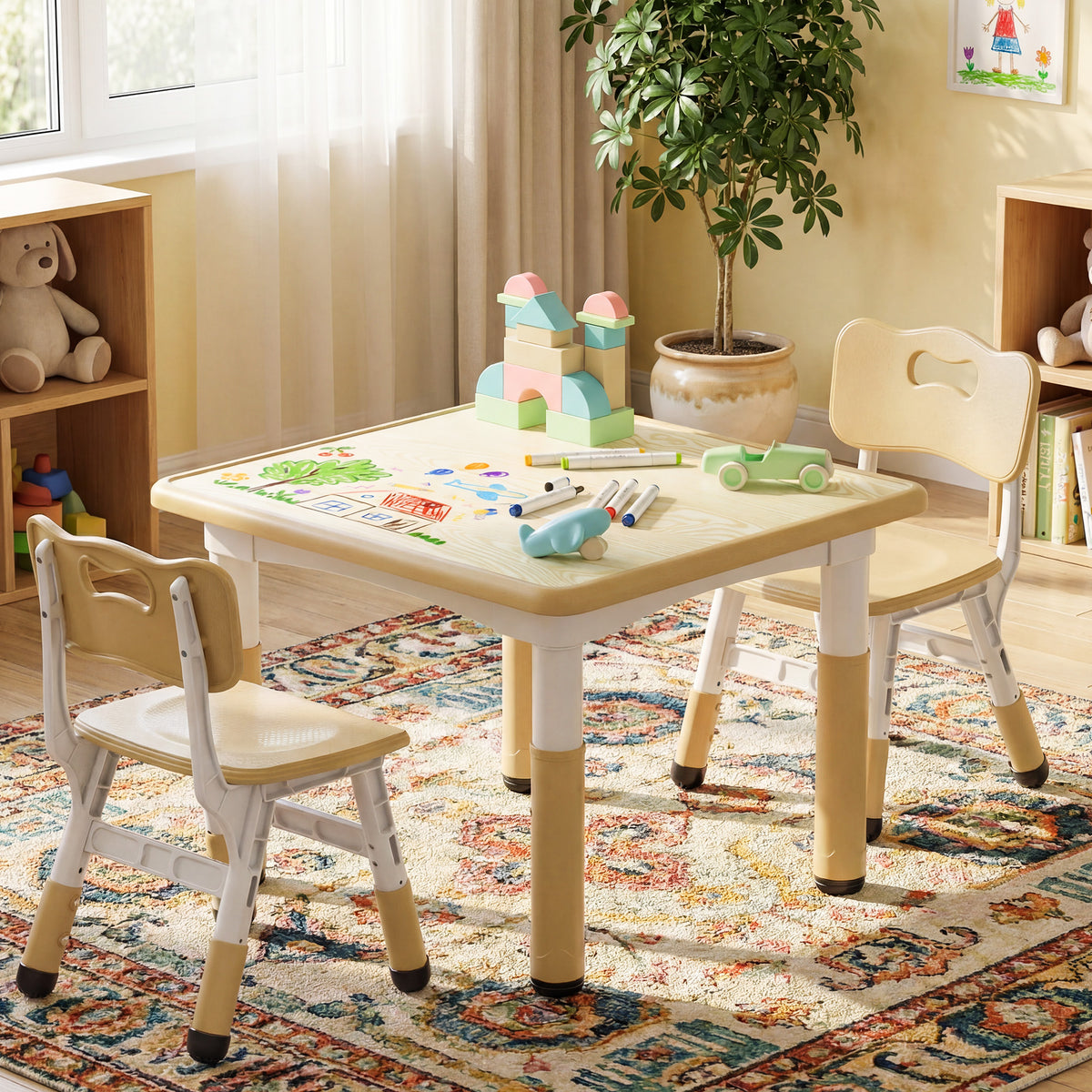 AILEEKISS Kids Table and 2 Chair Set, Height Adjustable Kids Art Table Play Desk for Toddler, Khaki