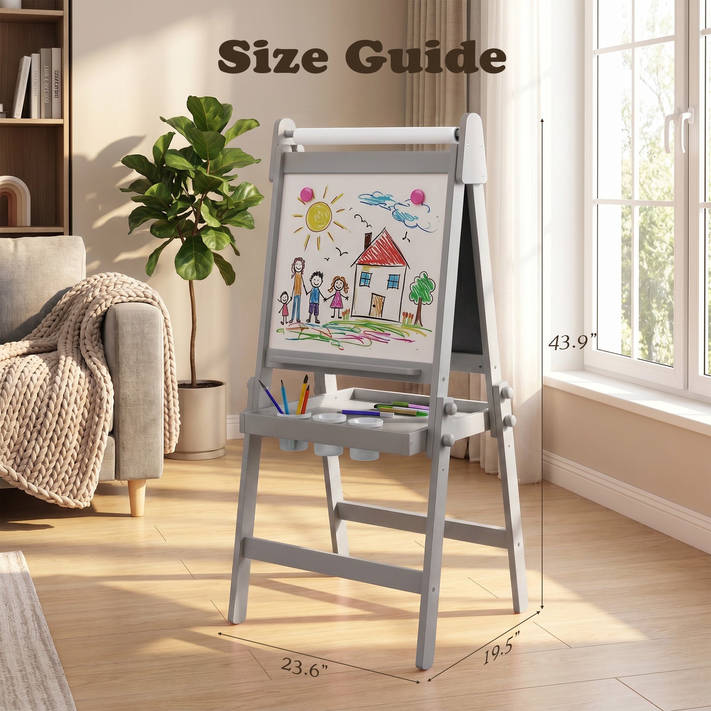 LINLUX 3 in 1 Kids Art Easel, Foldable Standing Easel with Double Sided Drawing Board and Height Adjustable, Gray