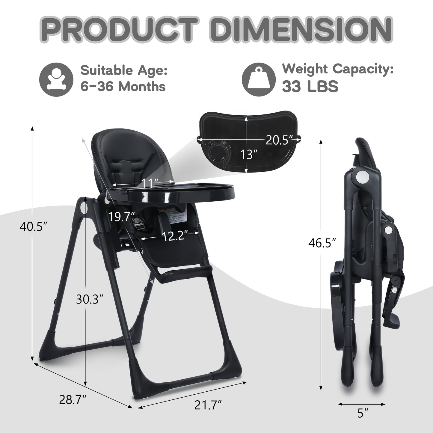 AILEEKISS Foldable High Chair for Baby, Toddler Eating Chair with Detachable Double Trays, Black