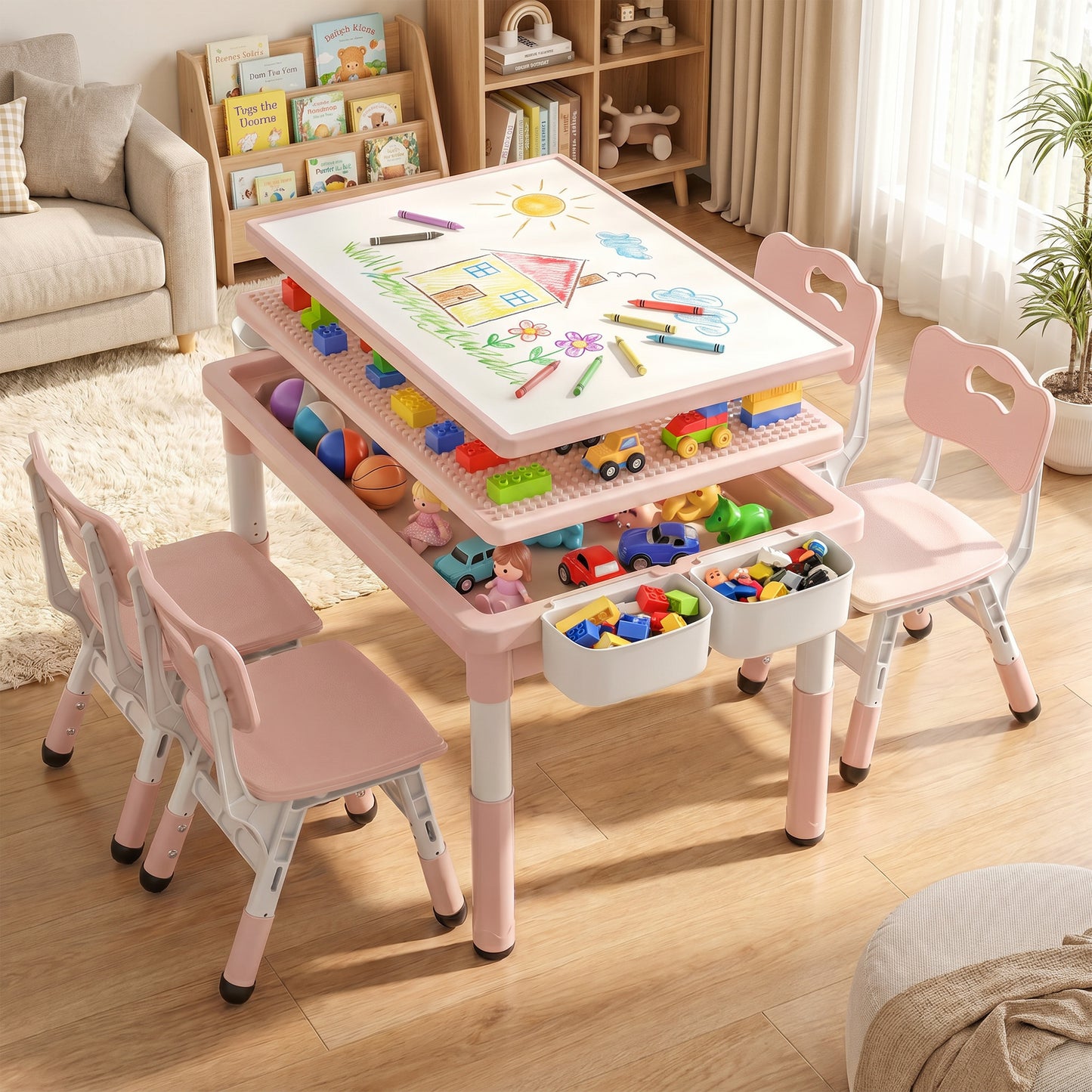 AILEEKISS Kids Table and 4 Chair Set, Children Lego Table Play Activity Desk for Drawing, Pink