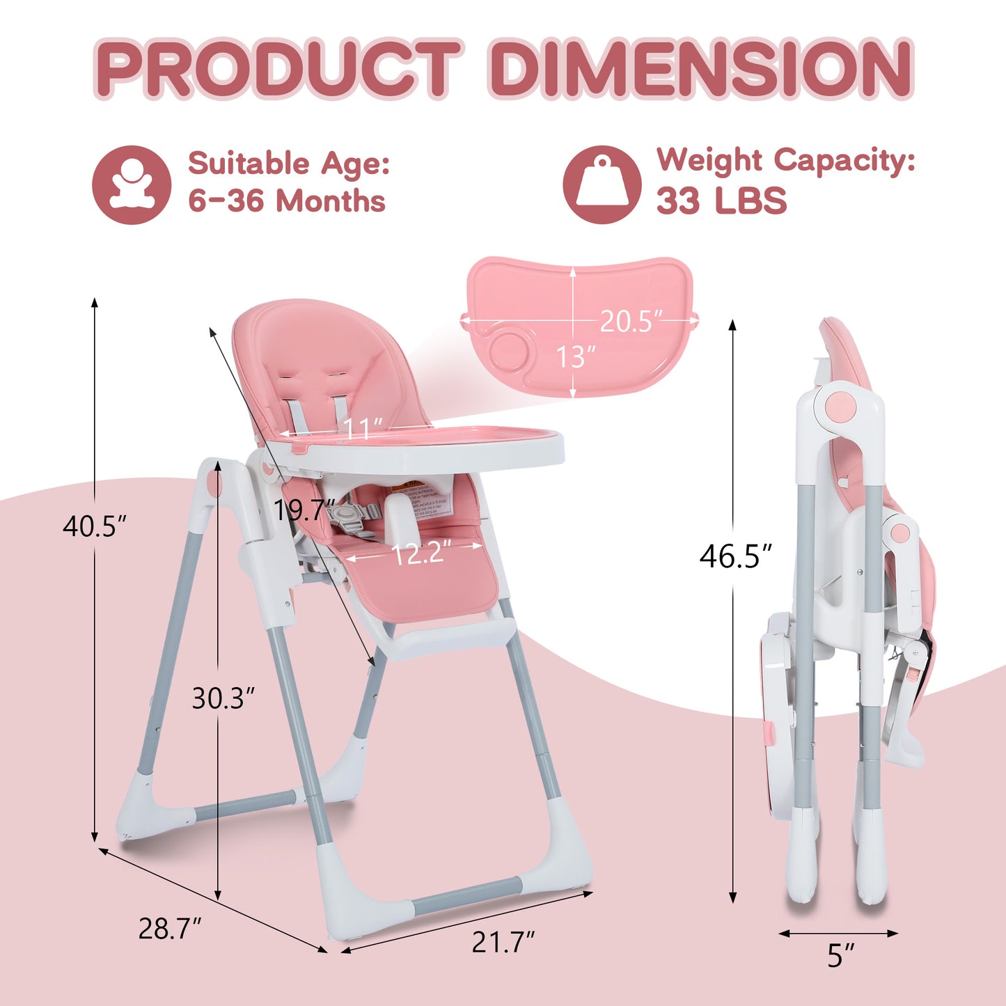 AILEEKISS Foldable High Chair for Baby, Toddler Eating Chair with Detachable Double Trays, Pink