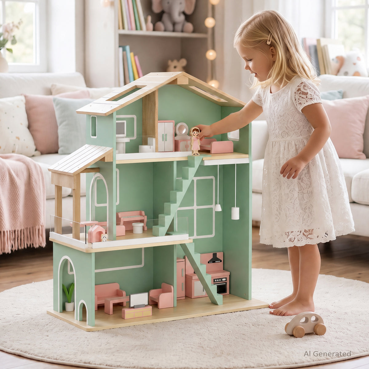 AILEEKISS Dollhouse for Kids with 20 Pieces Furniture Set, 3-Story Dream House with Puzzle Patio, Green