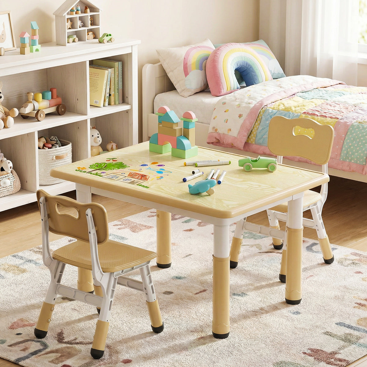 AILEEKISS Kids Table and 2 Chair Set, Height Adjustable Kids Art Table Play Desk for Toddler, Khaki