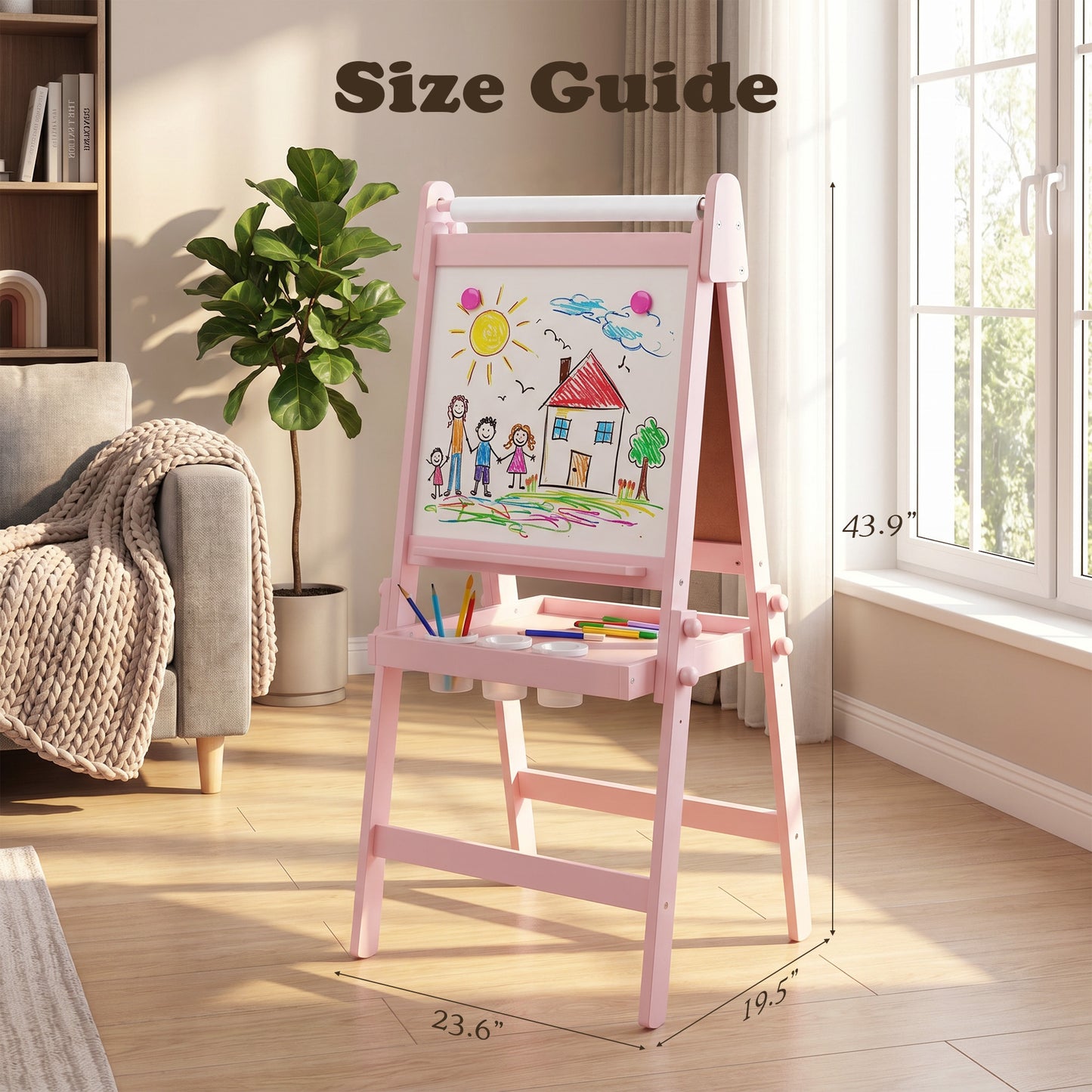LINLUX 3 in 1 Kids Art Easel, Foldable Standing Easel with Double Sided Drawing Board and Height Adjustable, Pink
