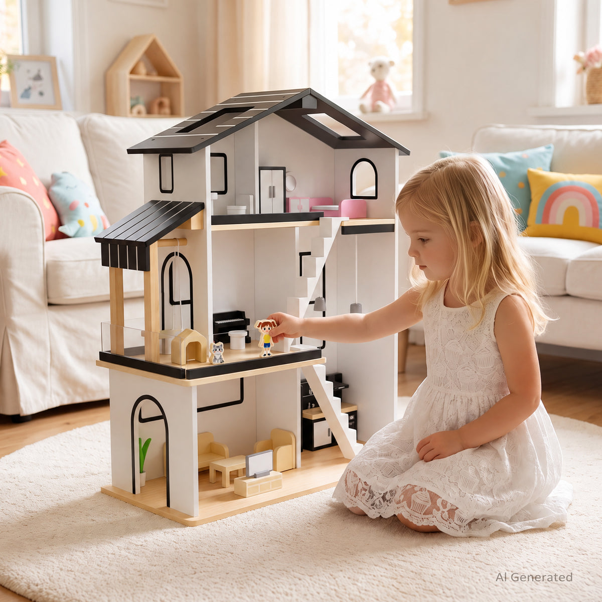 AILEEKISS Dollhouse for Kids with 20 Pieces Furniture Set, 3-Story Dream House with Puzzle Patio, White