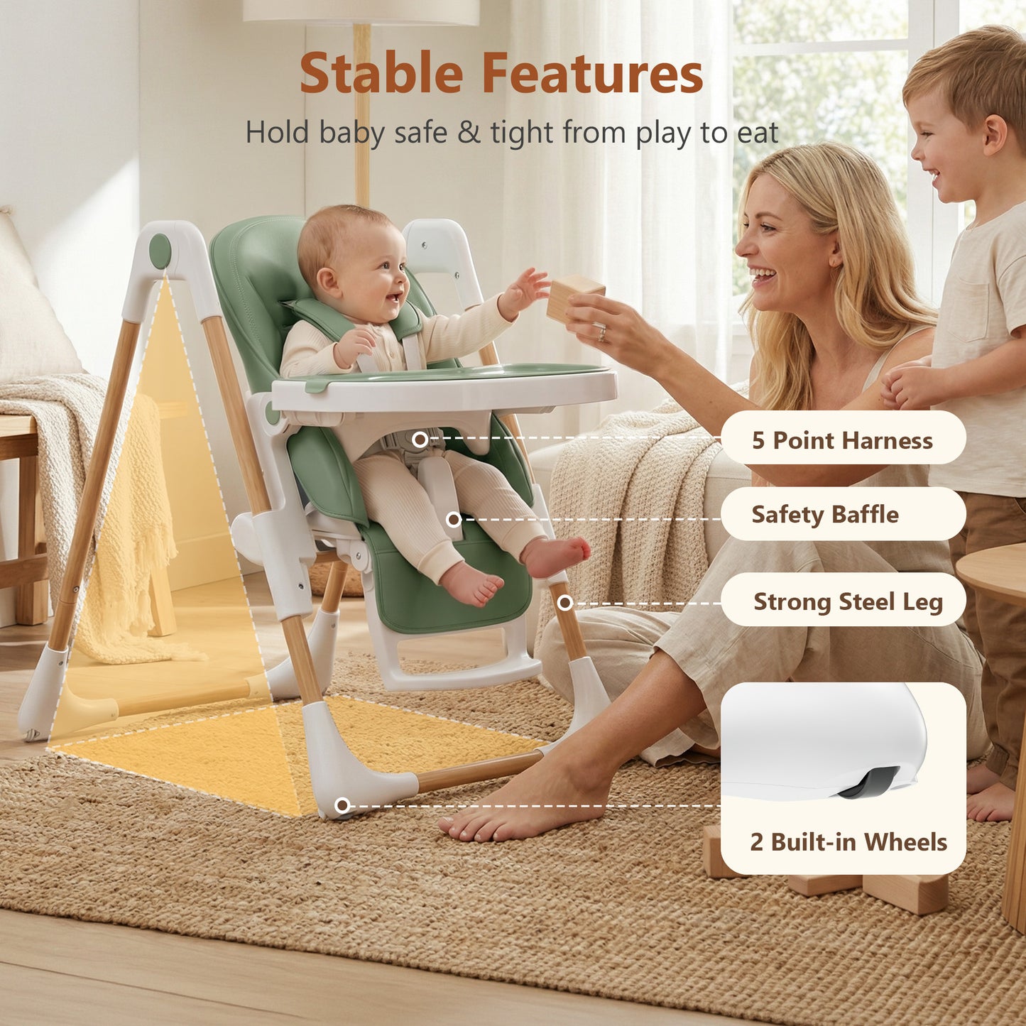 LINLUX Foldable High Chair for Babies, Toddler Eating Chair with Detachable Double Trays, Green