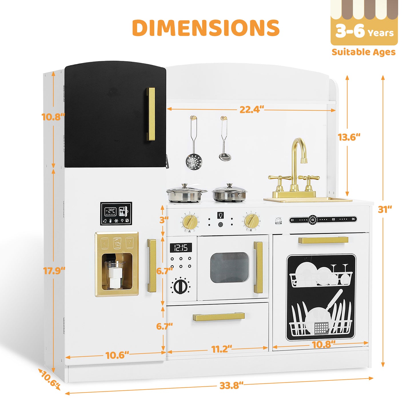 AILEEKISS Wood Kids Play Kitchen, Pretend Kitchen Playset for Children Age 3 Years up, White