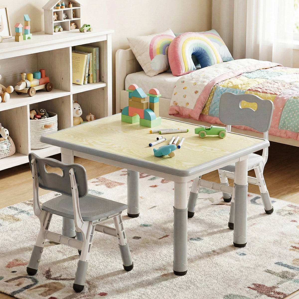 AILEEKISS Kids Table and 2 Chair Set, Height Adjustable Kids Art Table Play Desk for Toddler, Grey