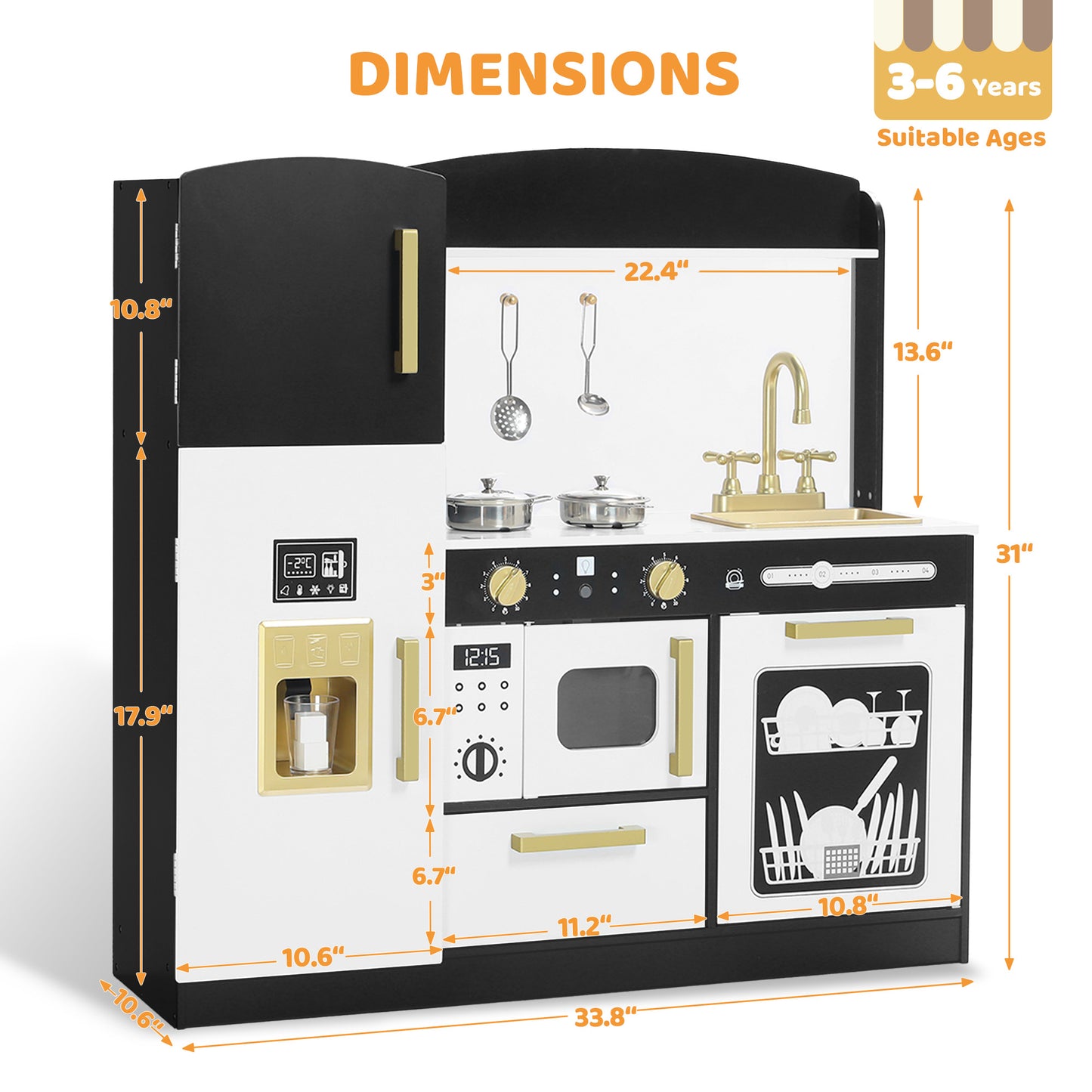 AILEEKISS Wood Kids Play Kitchen, Pretend Kitchen Playset for Children Age 3 Years up, Black