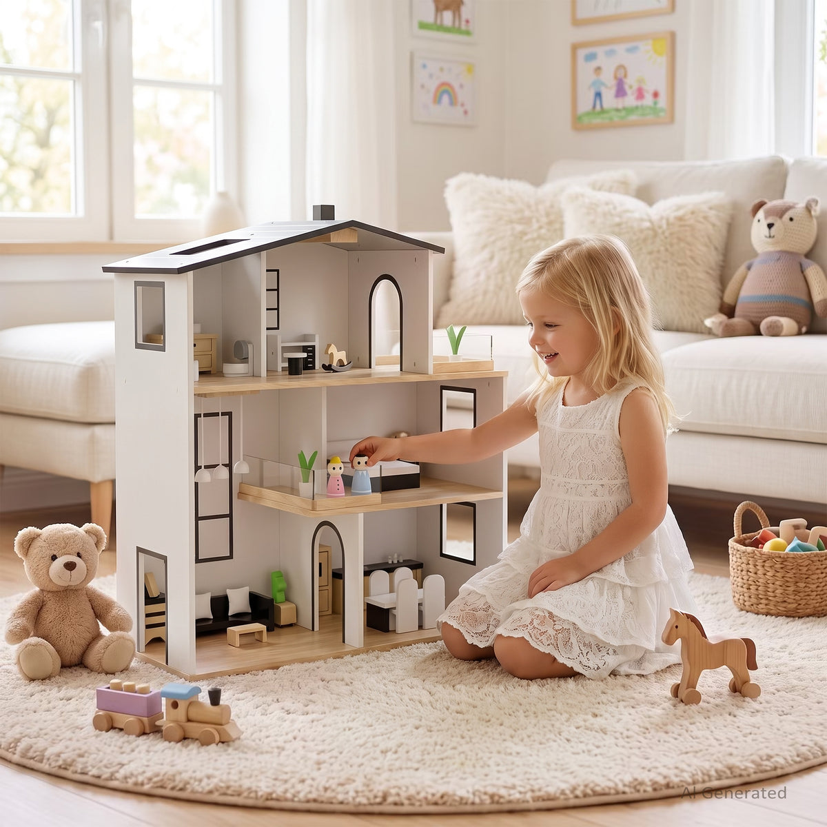 AILEEKISS Dollhouse for Kids with 35 Pieces Furniture Set, 3-Story Dream House with Puzzle Patio, White