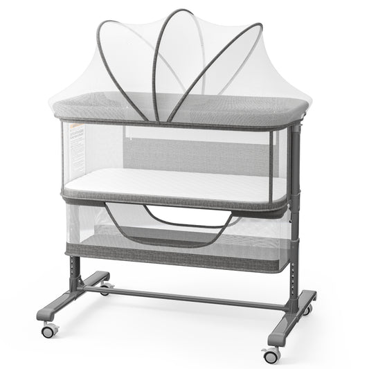 AILEEKISS Bedside Bassinet for Newborn, 6 Height Adjustable Baby Bassinet with Mosquito Net, Grey