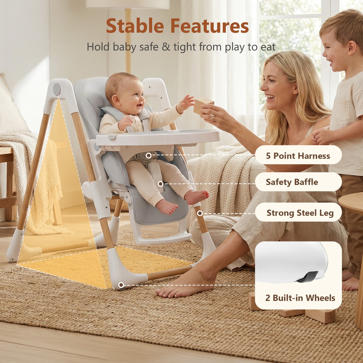 LINLUX Foldable High Chair for Babies, Toddler Eating Chair with Detachable Double Trays, Gray