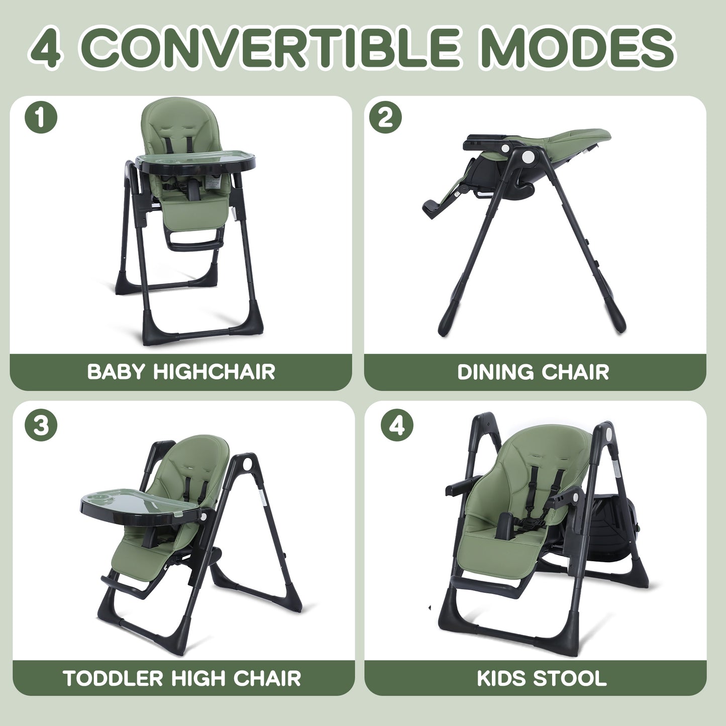 AILEEKISS Foldable High Chair for Baby, Toddler Eating Chair with Detachable Double Trays, Green