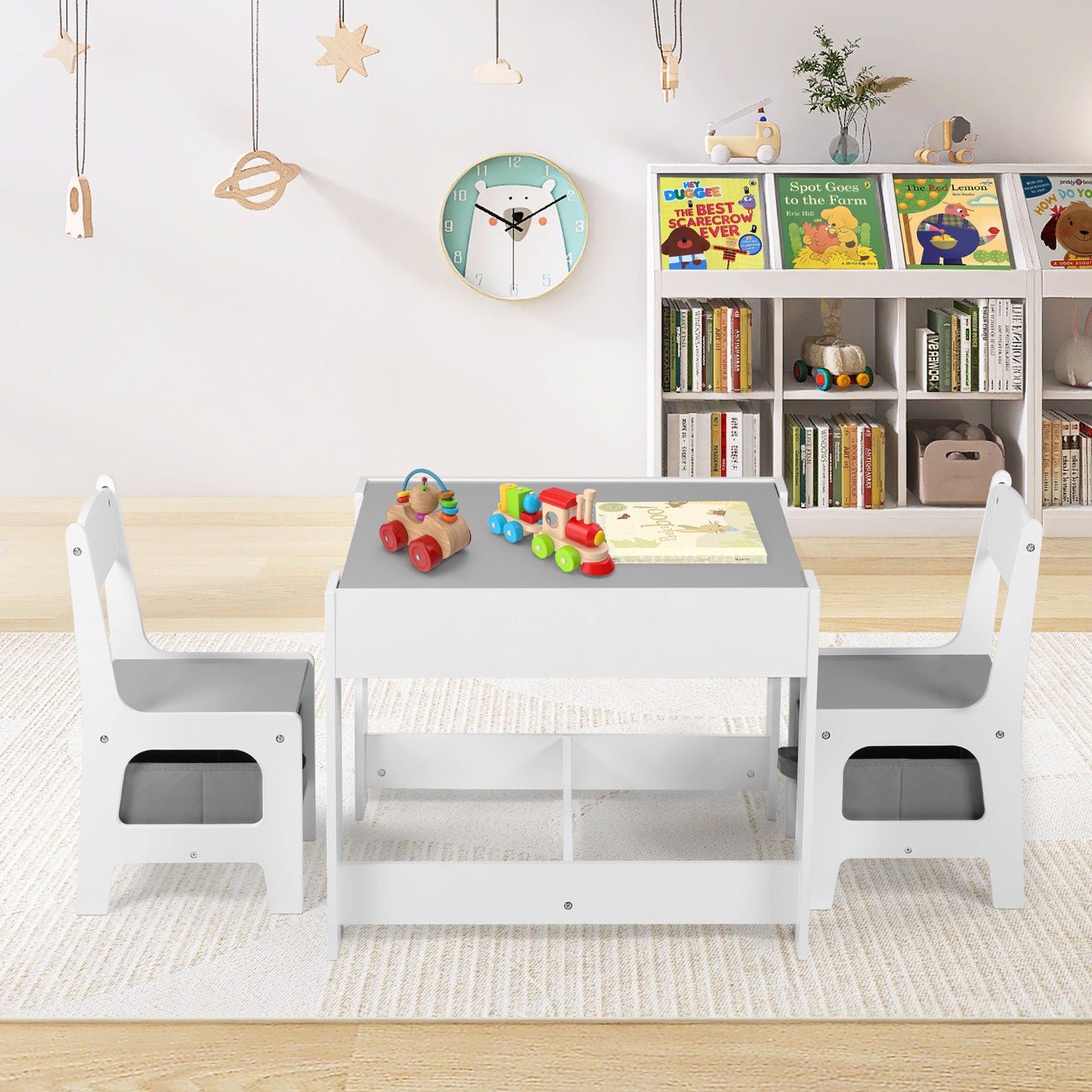 LINLUX Kids Table and 2 Chairs Set, Children Activity Table Chairs with Chalkboard/Whiteboard, Grey