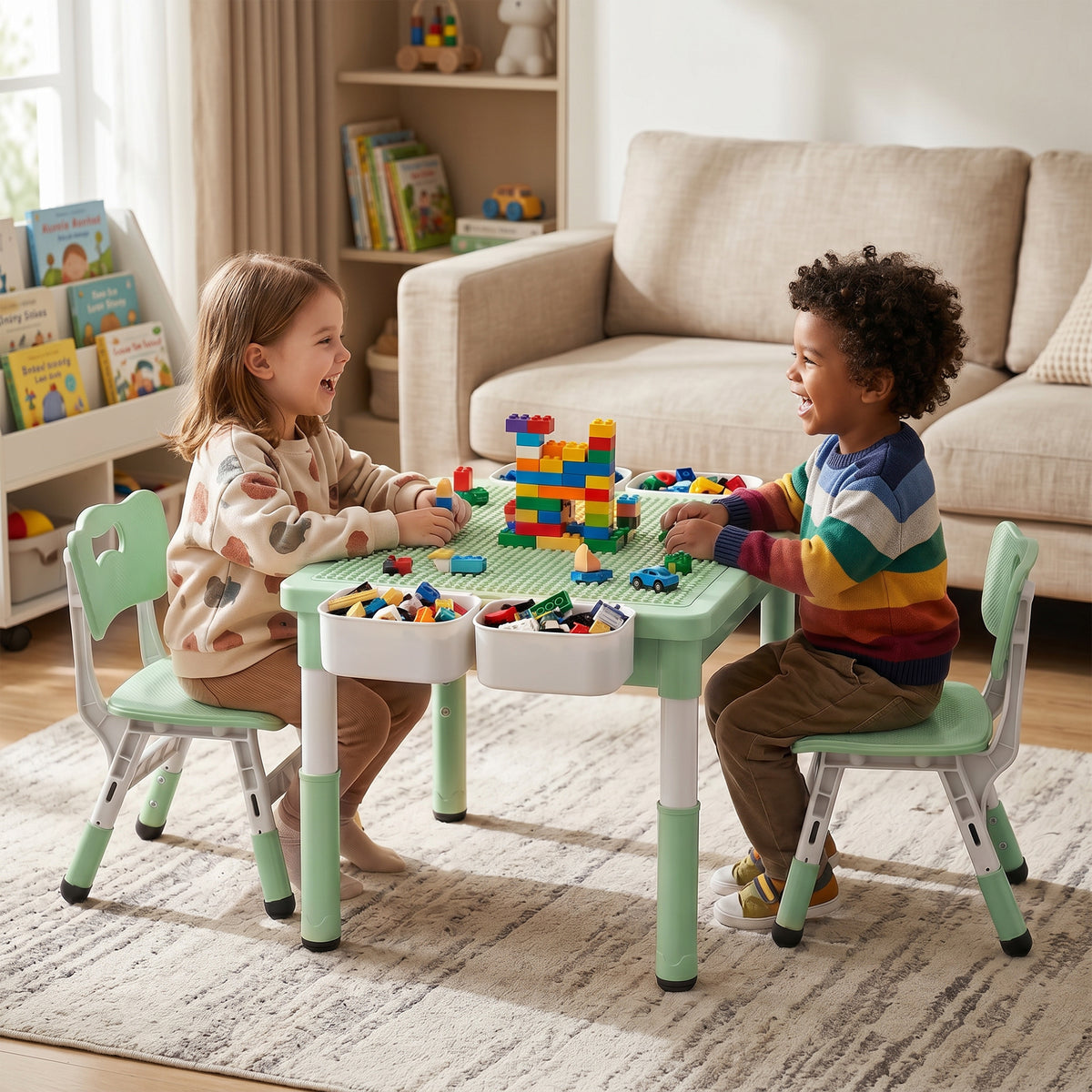 AILEEKISS Kids Table and Chair Set, Children Lego Table Play Activity Desk for Drawing, Green