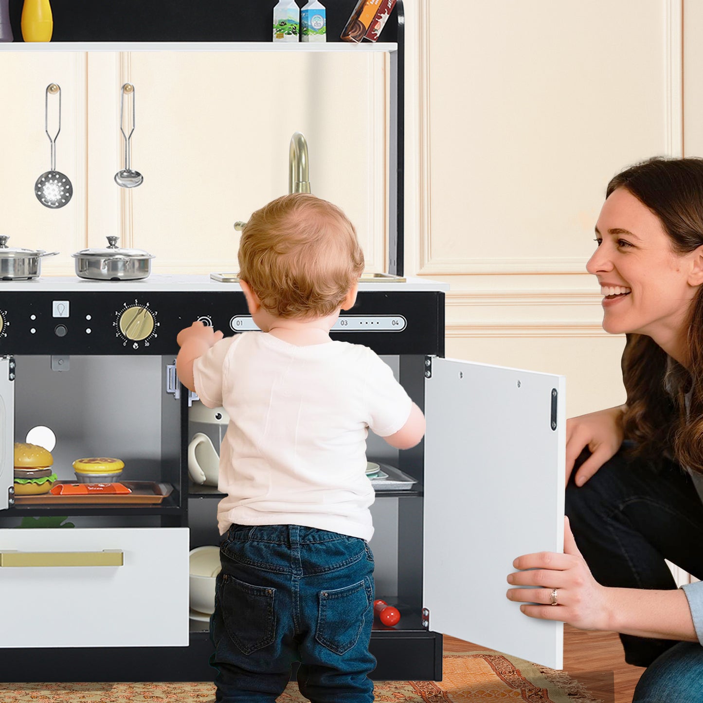 AILEEKISS Wood Kids Play Kitchen, Pretend Kitchen Playset for Children Age 3 Years up, Black