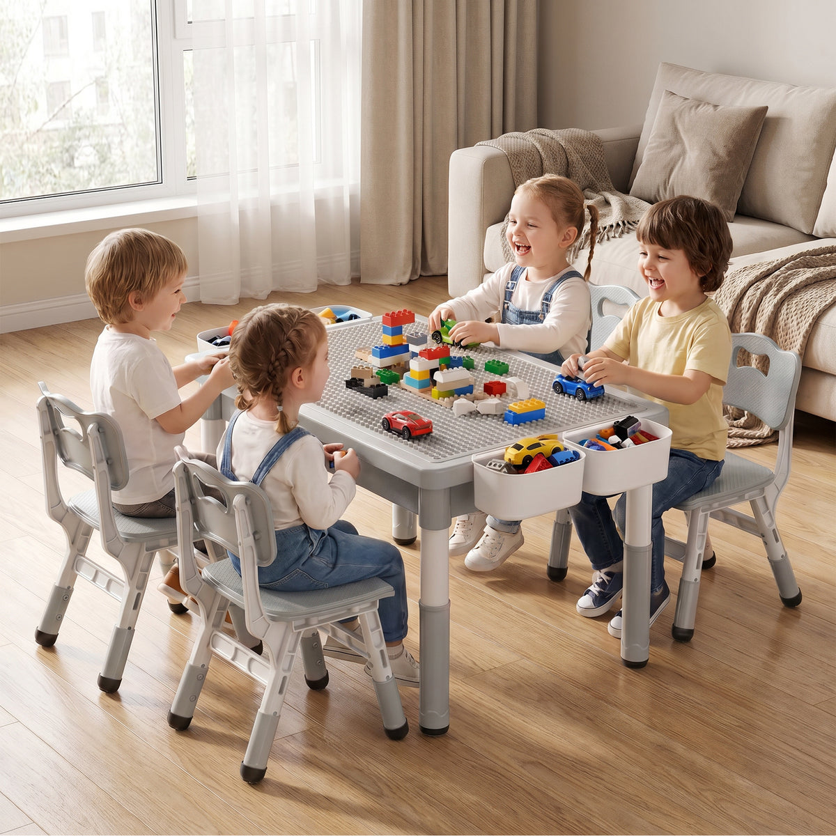 AILEEKISS Kids Table and 4 Chair Set, Children Lego Table Play Activity Desk for Drawing, Grey