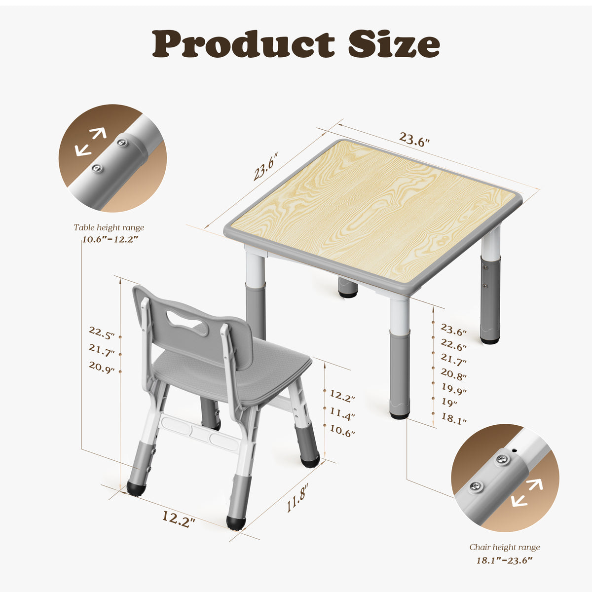 AILEEKISS Kids Table and 2 Chair Set, Height Adjustable Kids Art Table Play Desk for Toddler, Grey