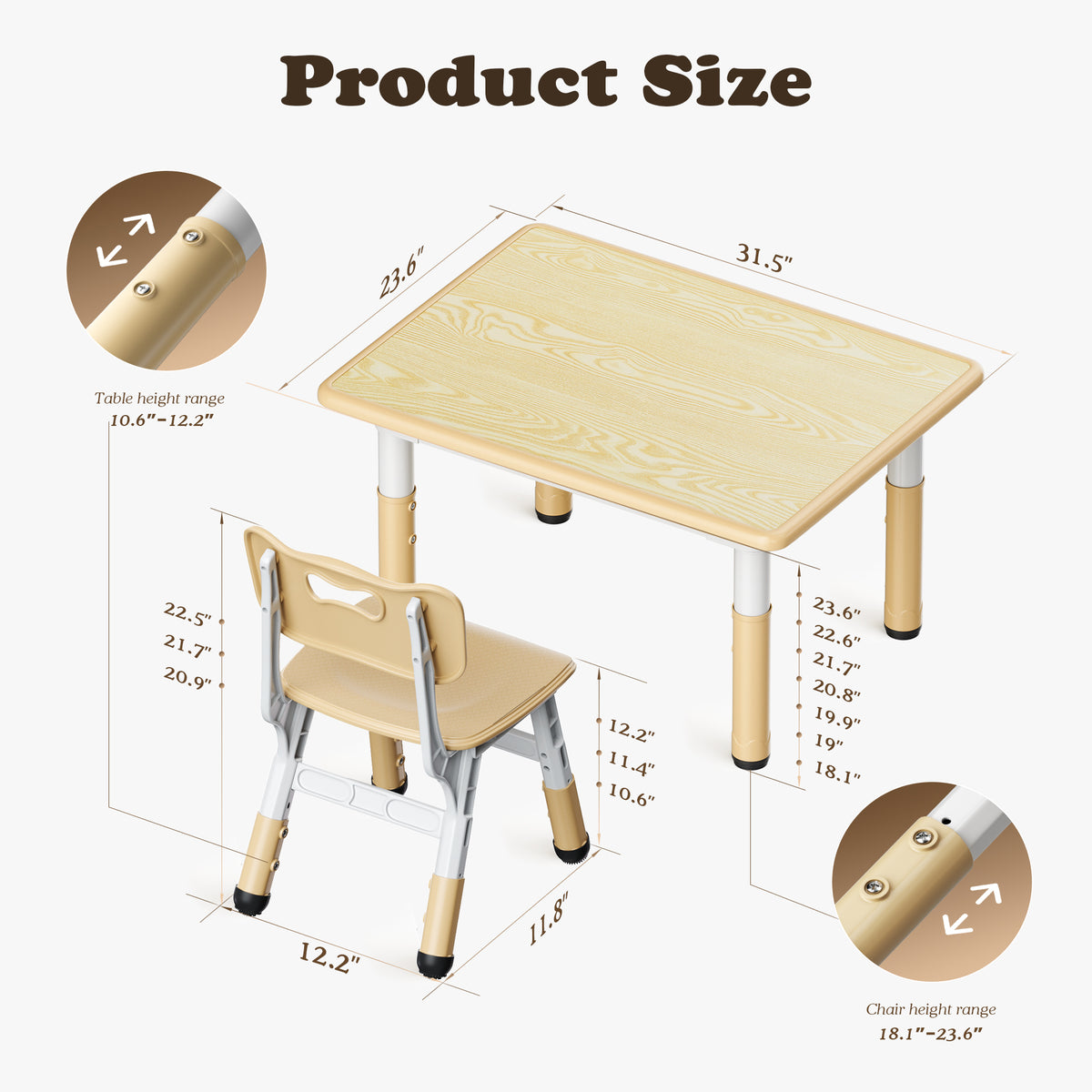 AILEEKISS Kids Table and 2 Chair Set, Height Adjustable Kids Art Table Play Desk for Toddler, Khaki