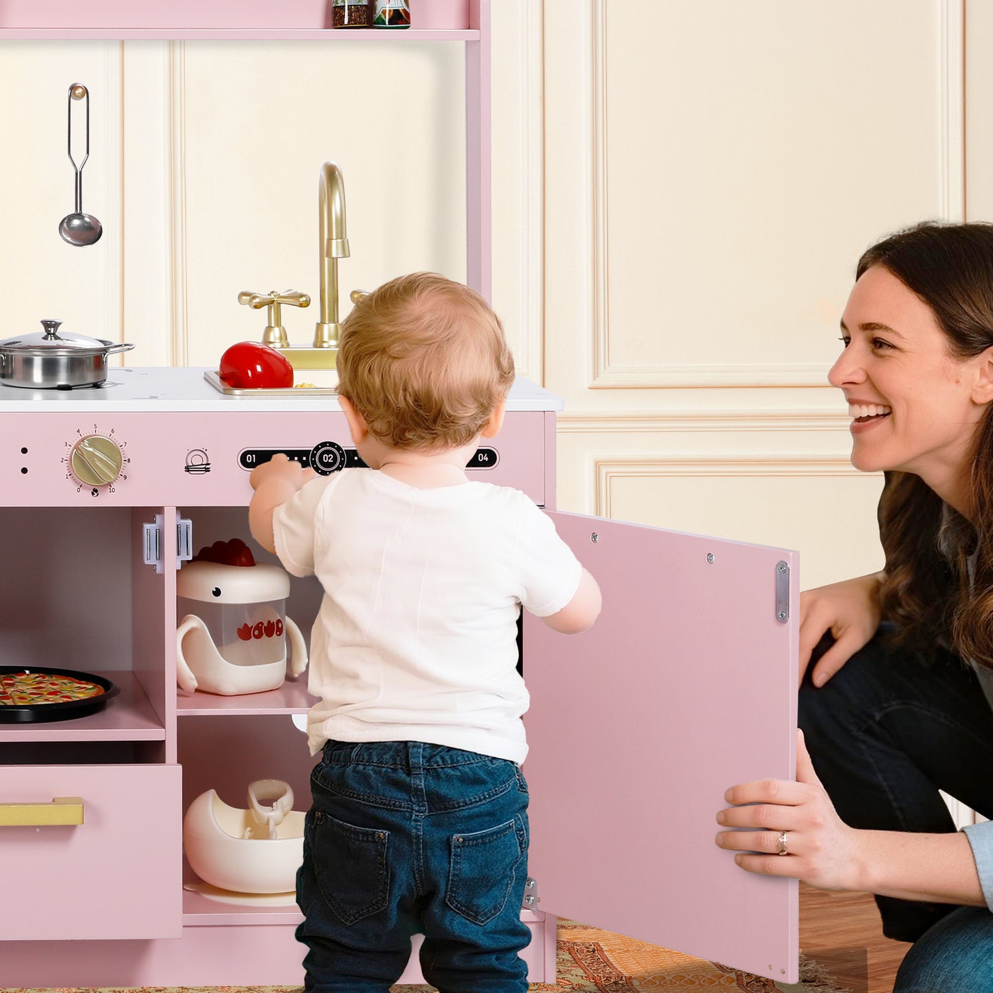 AILEEKISS Wood Kids Play Kitchen, Pretend Kitchen Playset for Children Age 3 Years up, Pink