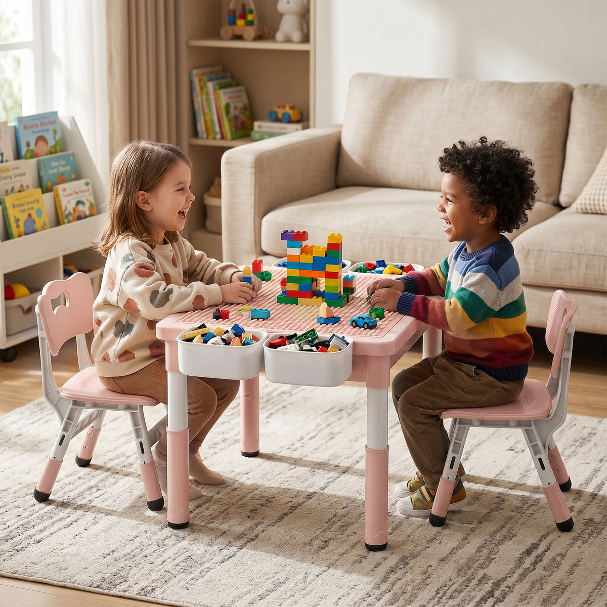AILEEKISS Kids Table and Chair Set, Children Lego Table Play Activity Desk for Drawing, Pink